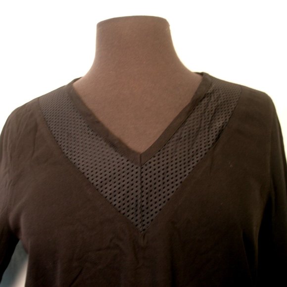 Black V-Neck Blouse with Open Mesh at Neck and Wrists - Picture 3 of 5